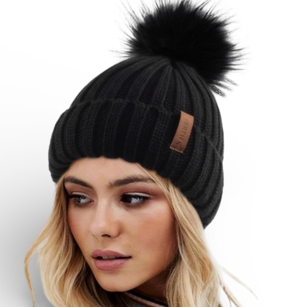 Furtalk Black Knit Beanie Hat With Removable Pom Pom